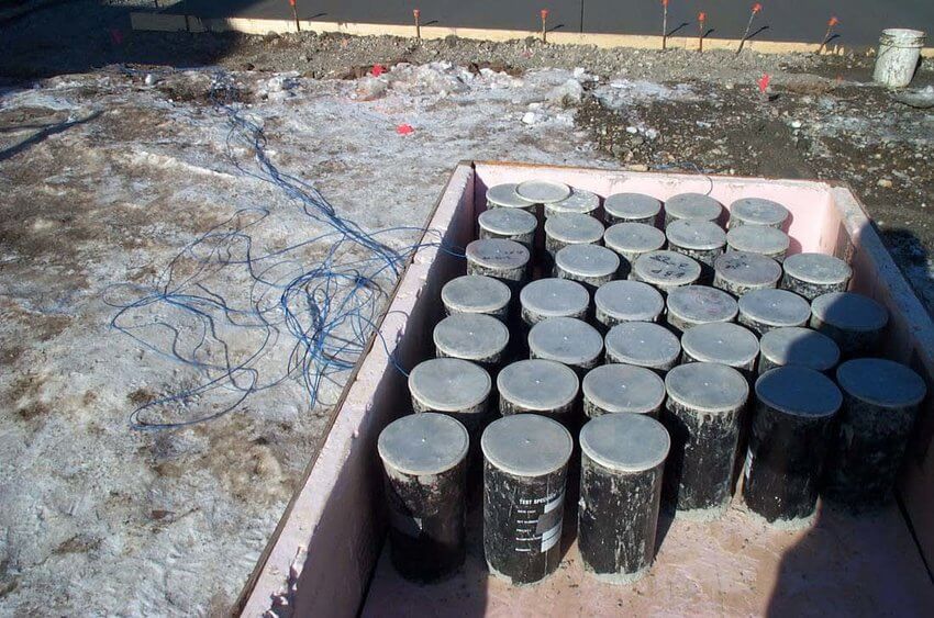 Cured concrete cylinders in an insulated box