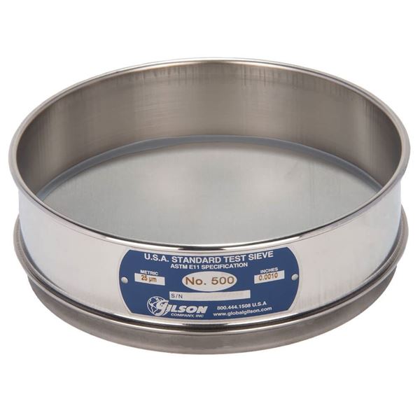 8" Sieve, All Stainless, Full-Height, No. 500 with Backing Cloth