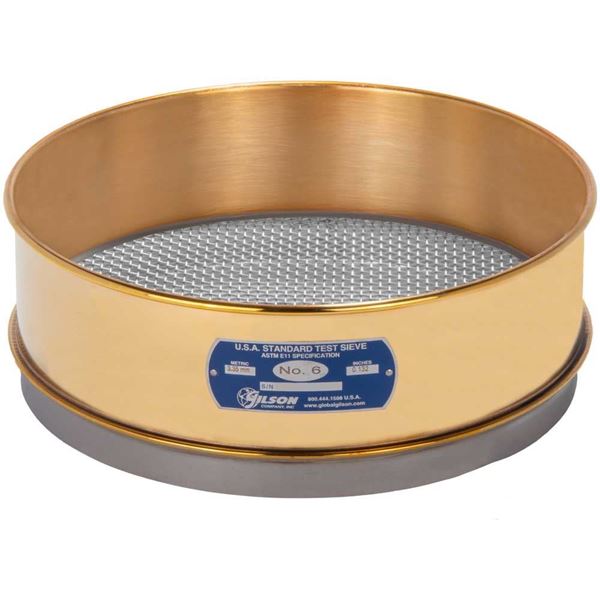 12" Sieve, Brass/Stainless, Full-Height, No. 6