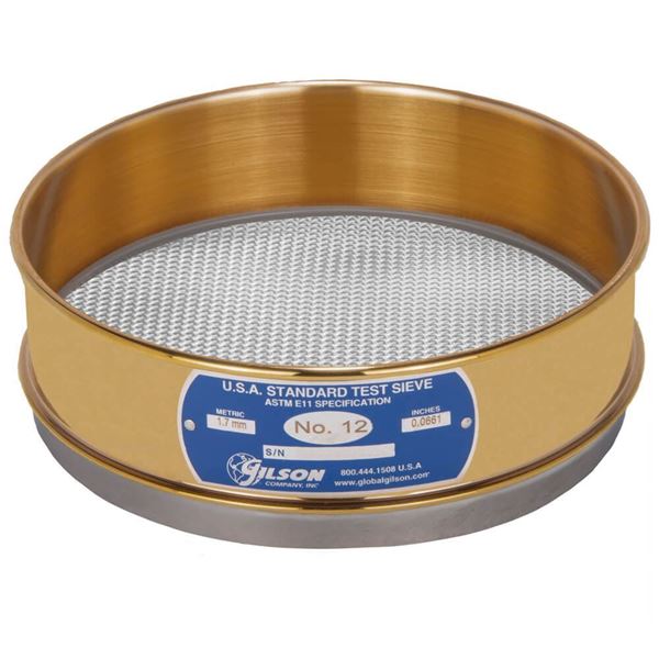 8" Sieve, Brass/Stainless, Full-Height, No. 12