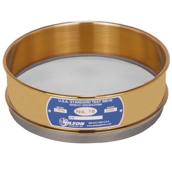 8" Sieve, Brass/Stainless, Full-Height, No. 16