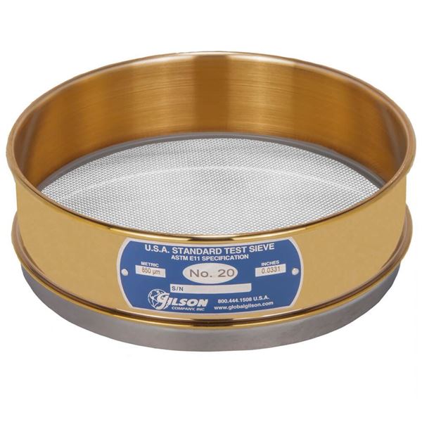 8" Sieve, Brass/Stainless, Full-Height, No. 20