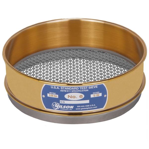 8" Sieve, Brass/Stainless, Full-Height, No. 6