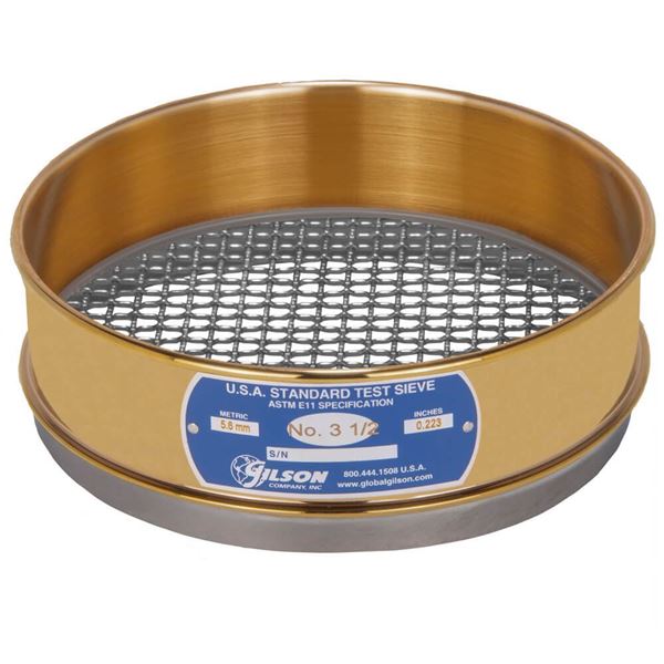8" Sieve, Brass/Stainless, Full-Height, No. 3-1/2